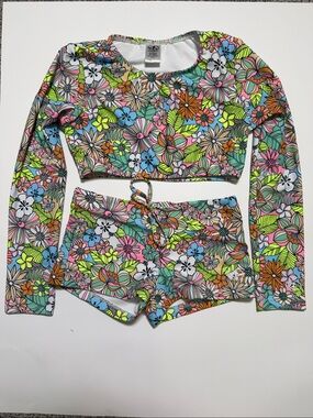 Hulakai Girls Neon Floral Rashguard and Swim Shorts Set Large